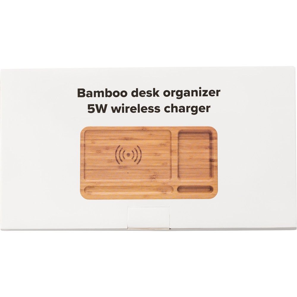 Bambusowy organizer na biurko, ładowarka bezprzewodowa 5W