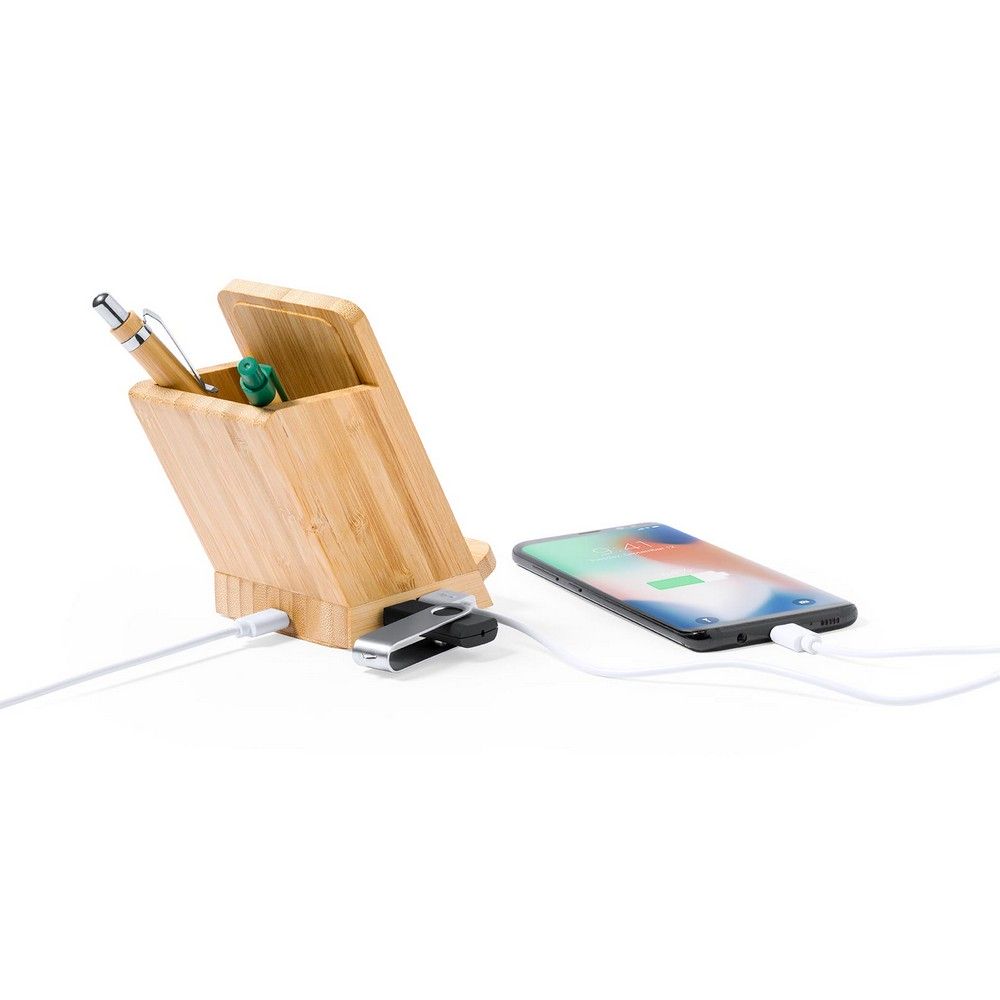 Bambusowa ładowarka bezprzewodowa 5W, 4 porty hub USB 2.0, pojemnik na przybory do pisania, stojak na telefon